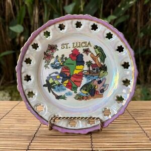 St.‎ Lucia Souvenir Decorative Plate 7" Iridescent Map Design Travel Vacation
